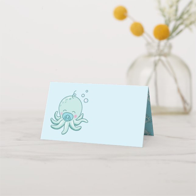Cute Octopus Baby Shower Kawaii Blue Boy Place Card (Front)