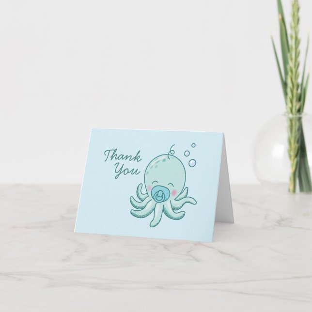 Cute Octopus Baby Shower Kawaii Blue Boy Thank You Card (Front)