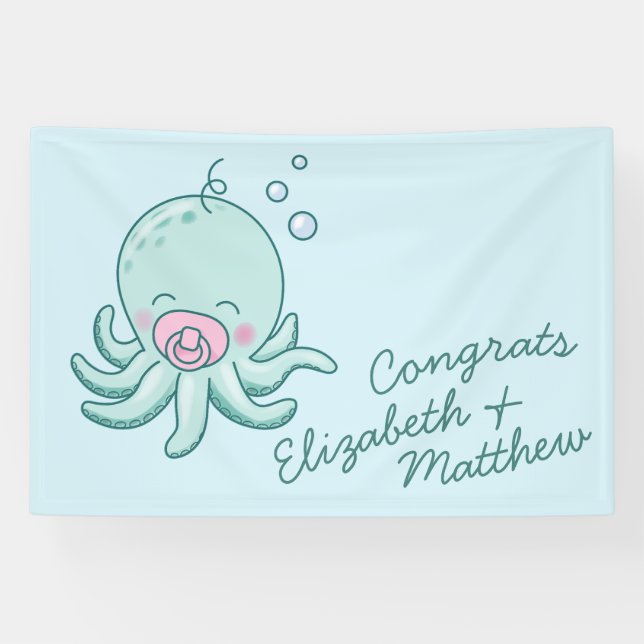 Cute Octopus Baby Shower Kawaii Pink Girl Banner (Horizontal)