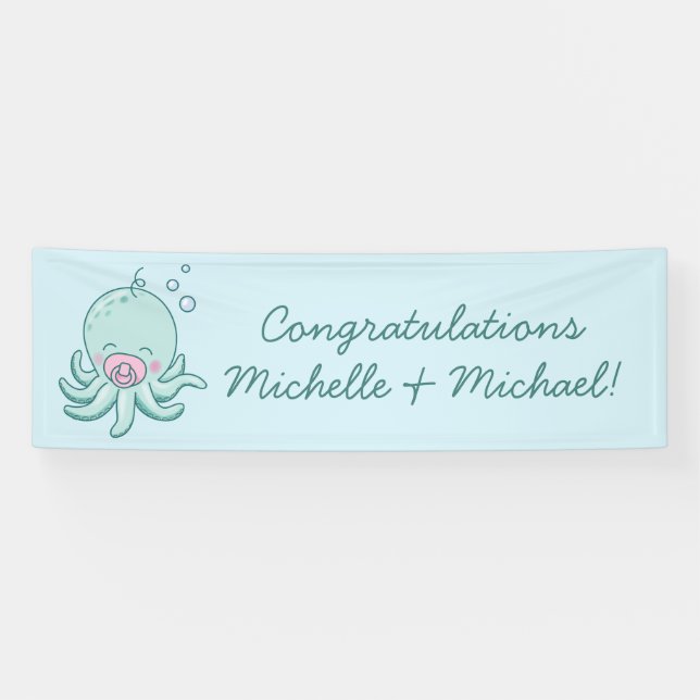 Cute Octopus Baby Shower Kawaii Pink Girl Banner (Horizontal)