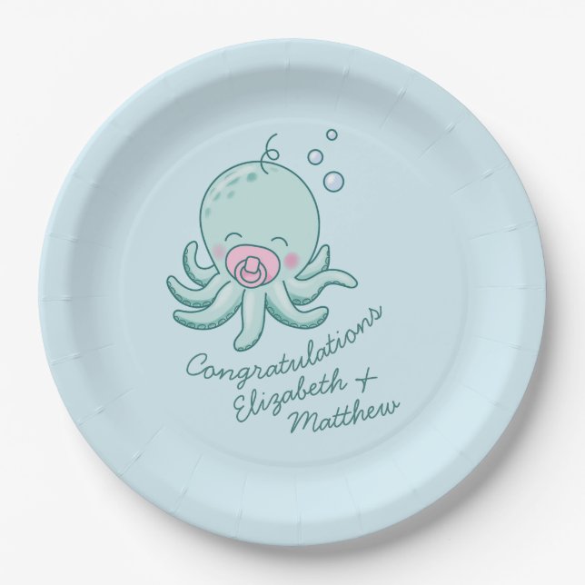 Cute Octopus Baby Shower Kawaii Pink Girl Paper Plate (Front)
