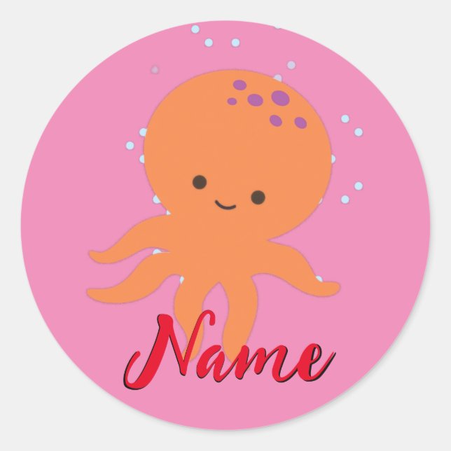 Cute Octopus Cartoon Add Name Classic Round Sticker (Front)