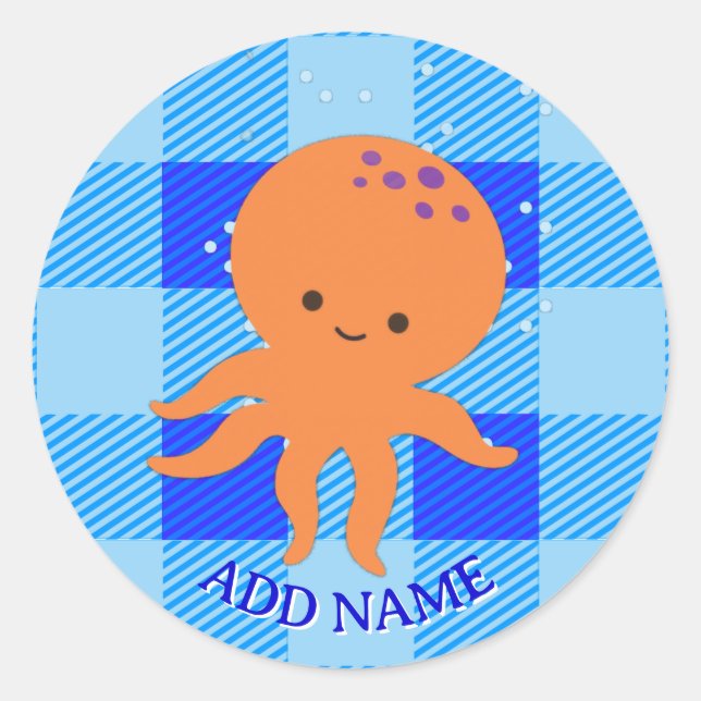 Cute Octopus Cartoon Blue Plaid Custom Name Classic Round Sticker (Front)