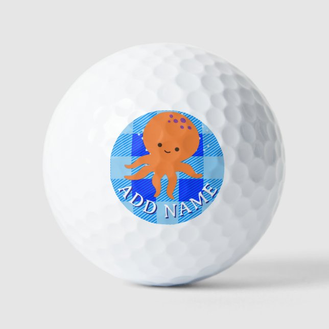 Cute Octopus Cartoon Blue Plaid Custom Name Golf Balls (Front)