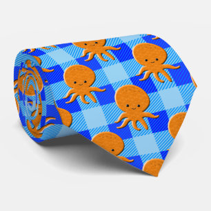 Cute Octopus Cartoon Blue Plaid Custom Name Tie