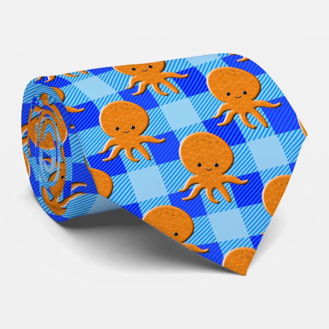 Cute Octopus Cartoon Blue Plaid Custom Name Tie (Rolled)
