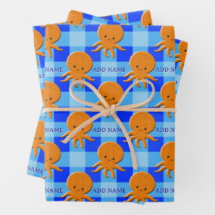 Cute Octopus Cartoon Blue Plaid Custom Name Wrapping Paper Sheet