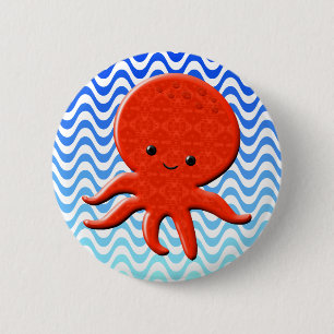 Cute Octopus Cartoon Blue Waves 6 Cm Round Badge