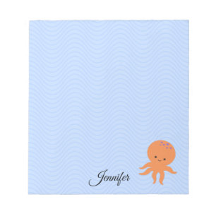 Cute Octopus Cartoon Blue Waves Custom Name Notepad