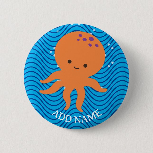 Cute Octopus Cartoon Blue Waves Pattern 6 Cm Round Badge (Front)