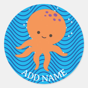 Cute Octopus Cartoon Blue Waves Pattern Classic Round Sticker