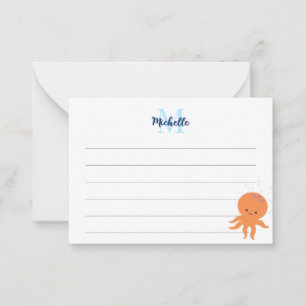 Cute Octopus Cartoon Custom Lined Monogram Card