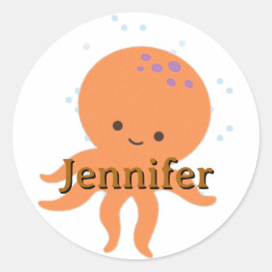 Cute Octopus Cartoon Customised Name Classic Round Sticker