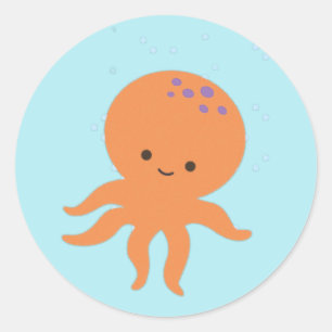 Cute Octopus Cartoon Pastel Blue Classic Round Sticker