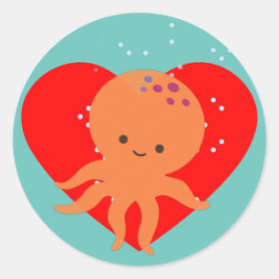 Cute Octopus Cartoon Red Heart Classic Round Sticker