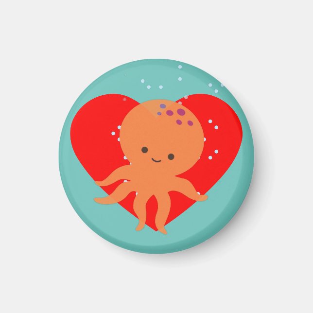 Cute Octopus Cartoon Red Heart Magnet (Front)