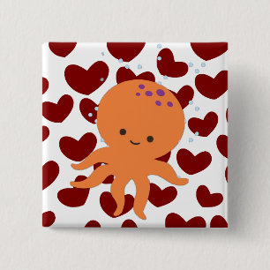 Cute Octopus Cartoon Red Heart Pattern 15 Cm Square Badge