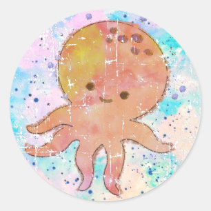 Cute Octopus Cartoon Vintage Distressed Watercolor Classic Round Sticker