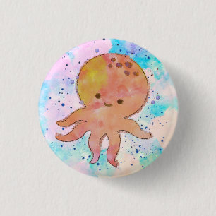 Cute Octopus Cartoon Watercolor 3 Cm Round Badge