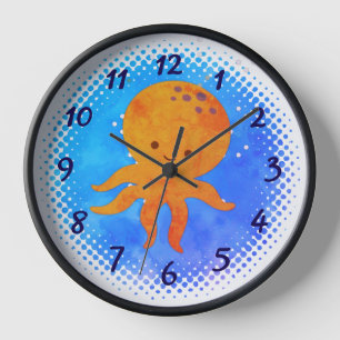 Cute Octopus Cartoon Watercolor Background Clock