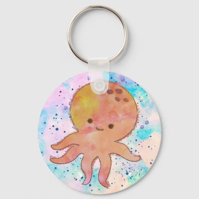 Cute Octopus Cartoon Watercolor Key Ring (Front)