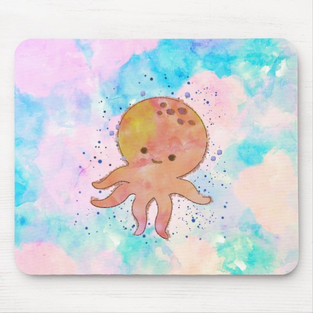 Cute Octopus Cartoon Watercolor Mouse Mat (Front)