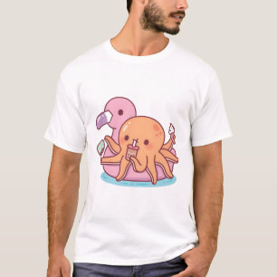 Cute Octopus Chilling on Pink Flamingo Float T-Shirt