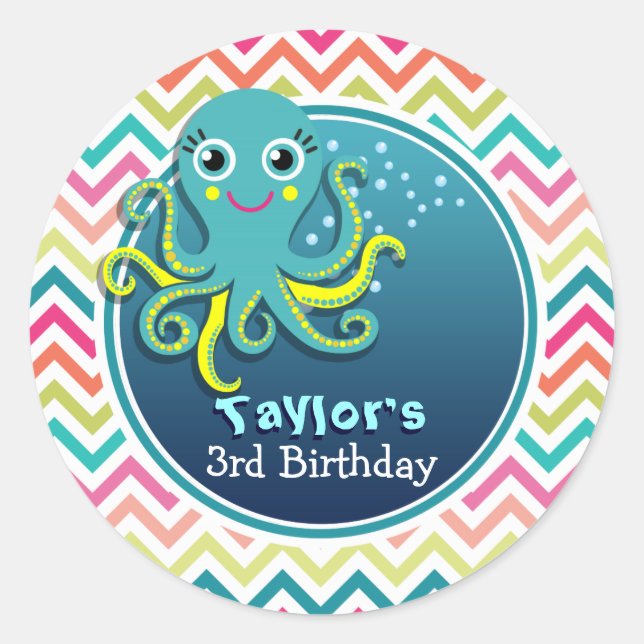 Cute Octopus; Colourful Chevron Kid's Birthday Classic Round Sticker (Front)