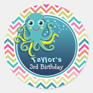 Cute Octopus; Colourful Chevron Kid's Birthday Classic Round Sticker