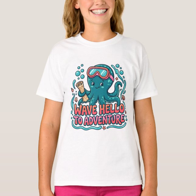 Cute Octopus Explorer "Wave Hello to Adventure" T-Shirt (Front)