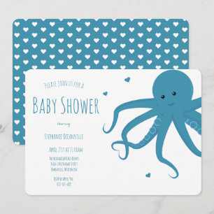 Cute Octopus Heart Blue Horizontal Baby Shower Invitation