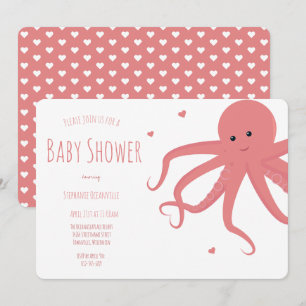 Cute Octopus Heart Pink Horizontal Baby Shower Invitation