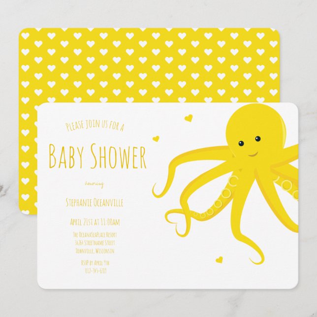 Cute Octopus Heart Yellow Horizontal Baby Shower Invitation (Front/Back)