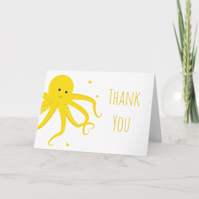 Cute Octopus Heart Yellow Thank You Card (Front)