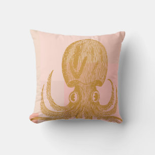 Cute Octopus Illustration in Pink and Gold Cushion