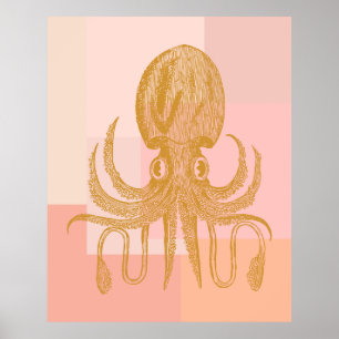 Cute Octopus Illustration in Pink and Gold Poster
