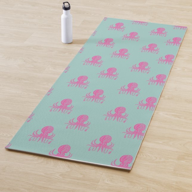 Cute Octopus Illustration Pattern Aqua and Fuchsia Yoga Mat (In Situ)
