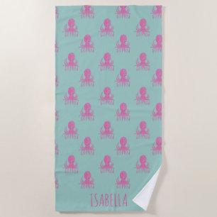 Cute Octopus Pattern Aqua Pink Personalised Beach Towel