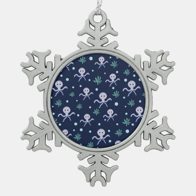 Cute Octopus Pattern Snowflake Pewter Christmas Ornament (Front)