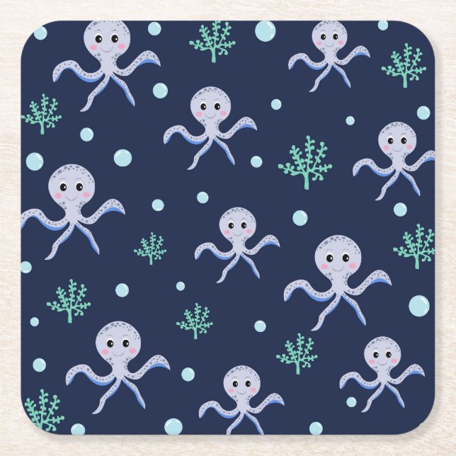 Cute Octopus Pattern Square Paper Coaster (Front)