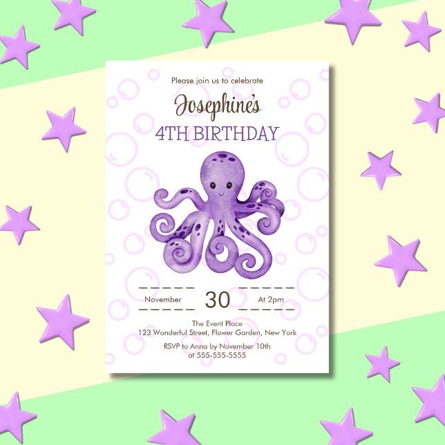 Cute Octopus Purple Bubble Kids Birthday Invitation (Creator Uploaded)