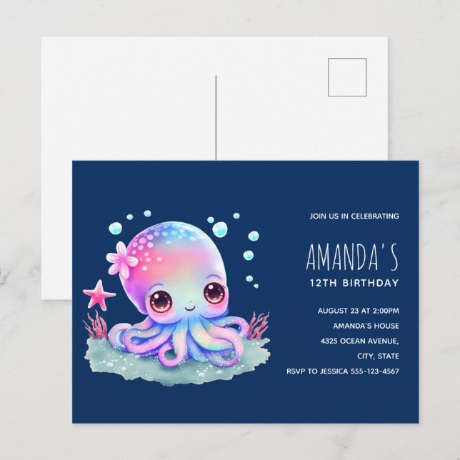 Cute Octopus Sea Creature Birthday Invitation Postcard (Front/Back)