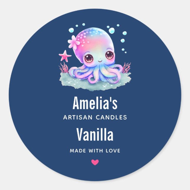 Cute Octopus Sea Creature Candle Business Classic Round Sticker (Front)