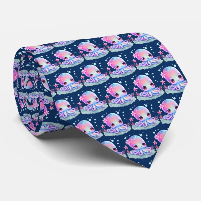Cute Octopus Sea Creature Patterned Tie (Rolled)