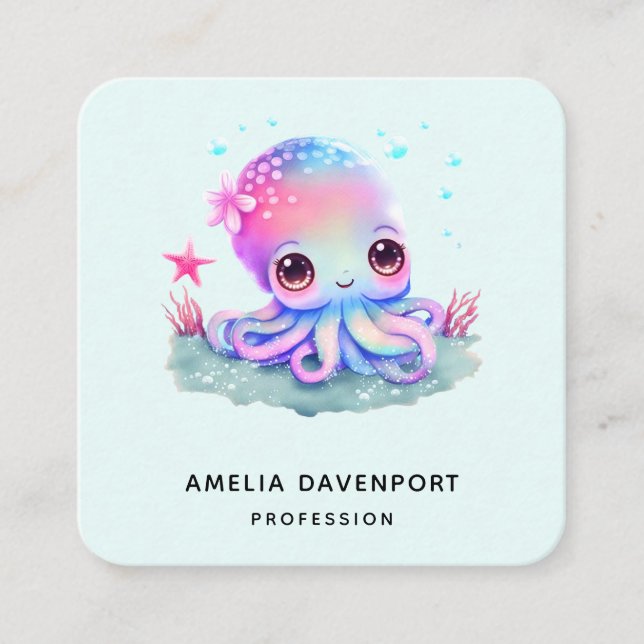 Cute Octopus Sea Creature Square Business Card (Front)