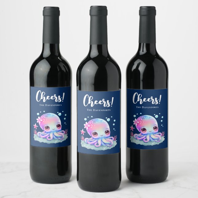 Cute Octopus Sea Creature Wine Label (Bottles)