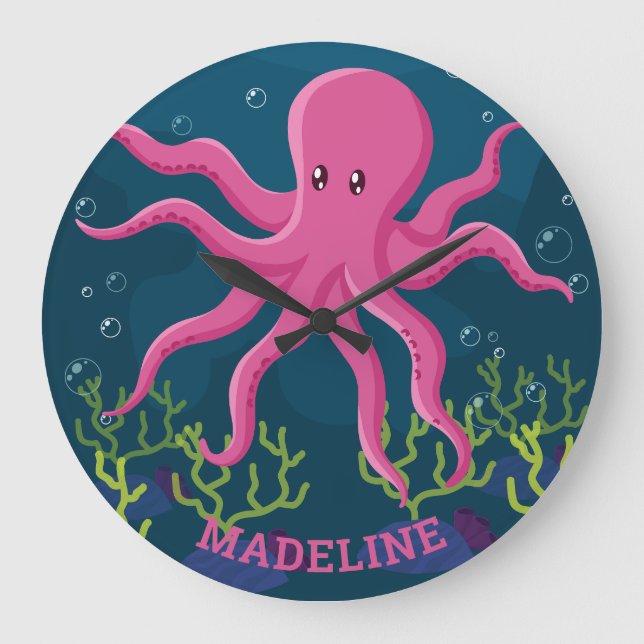 Cute Octopus Sea Ocean Name  Large Clock (Front)