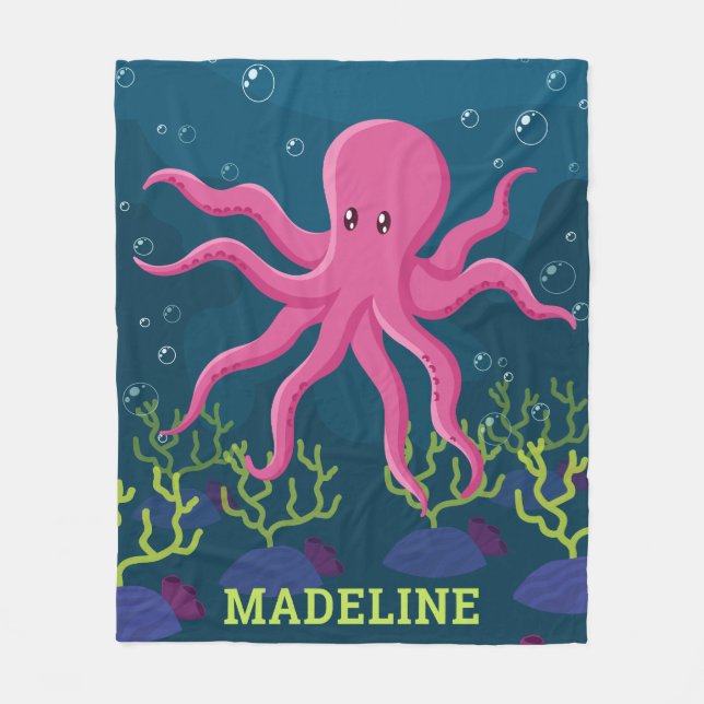 Cute Octopus Sea Ocean Personalised Kids Fleece Blanket (Front)
