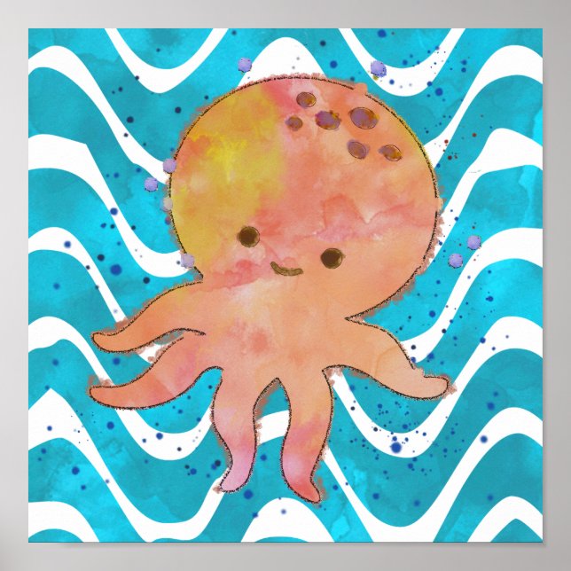 Cute Octopus Watercolor Cartoon Poster (Front)