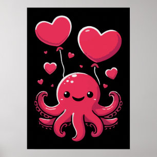 Cute Octopus with Heart Balloons, Valentine's Day Poster